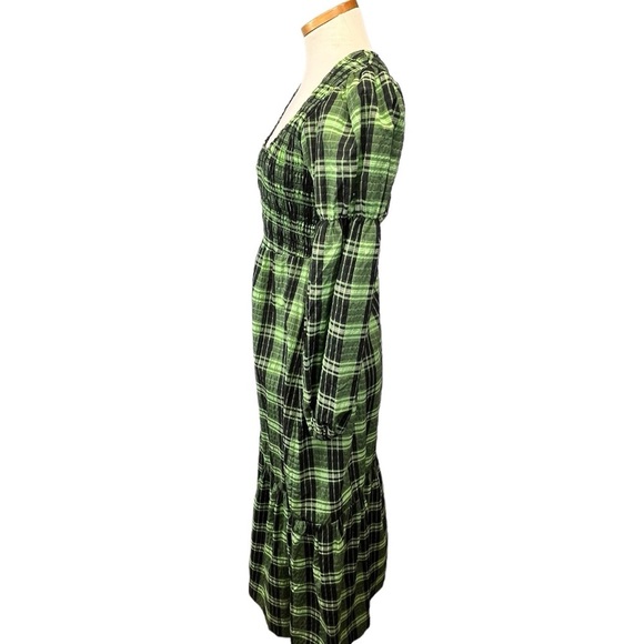 GANNI Seersucker Tiered Check Midi Dress Women in Peapod Green and Black Size 2 - Picture 5 of 16